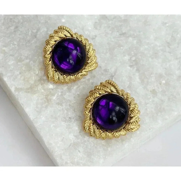 Vintage Gold Toned 80's Triangular Purple Crystal Ball Retro Stud Earrings - Picture 2 of 6